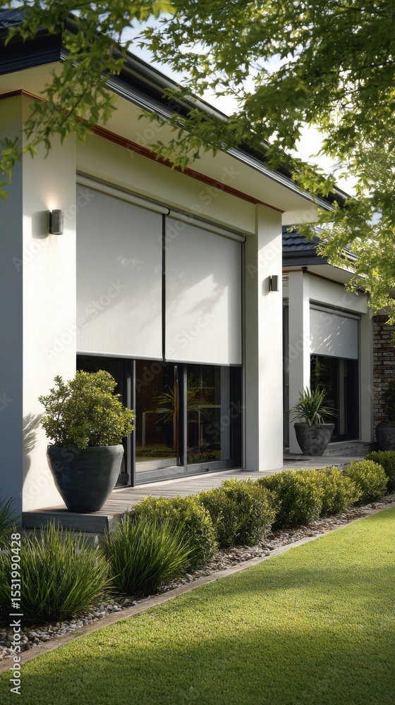 Modern white roller blinds cover large glass doors and windows of a house.