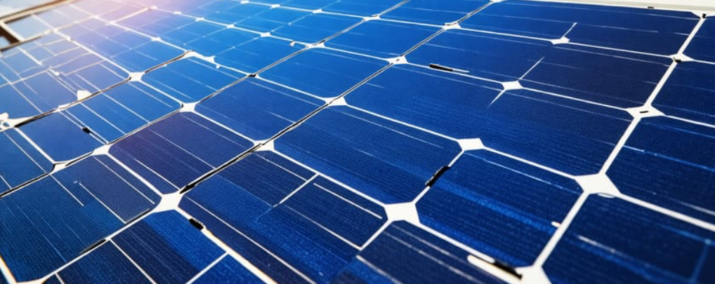 Close-up of blue solar panels capturing sunlight.