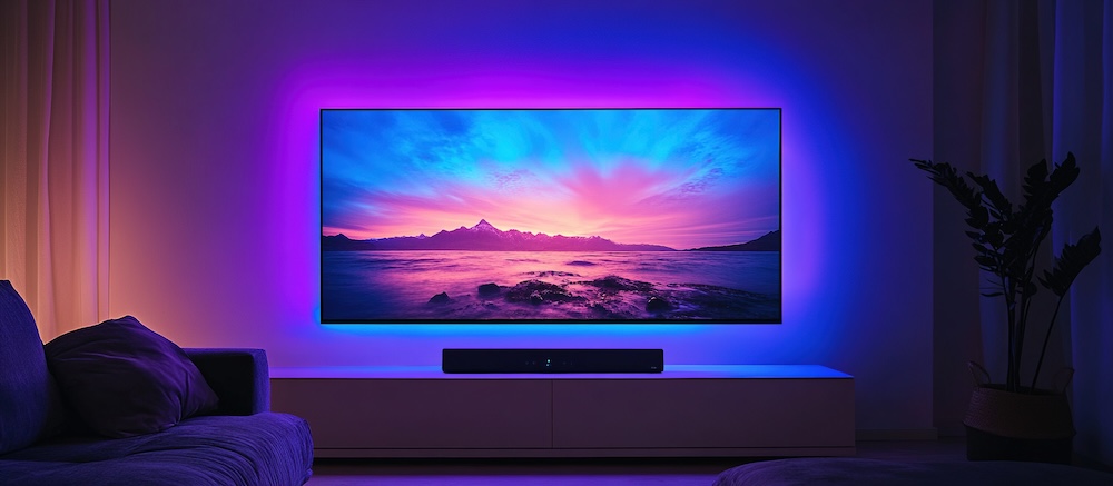 A vibrant TV screen displaying a colorful sunset over the ocean with a soundbar below.