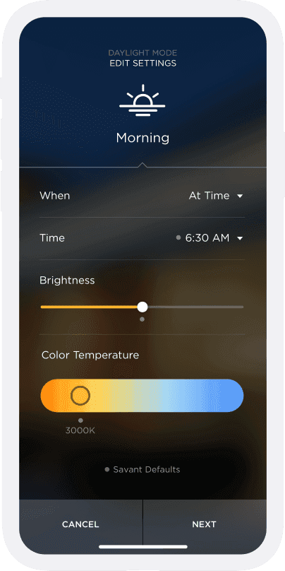 A smartphone screen showing brightness and color temperature settings at 6:30 AM.