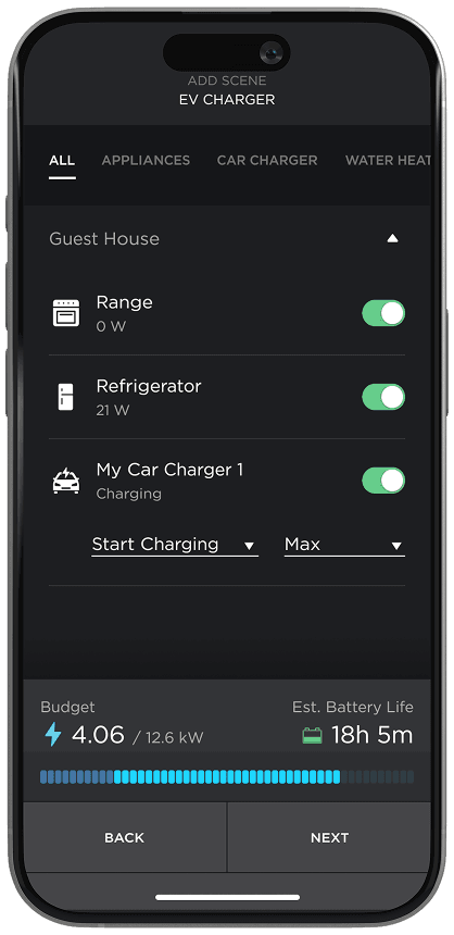 Smart home interface showing refrigerator and car charger status.
