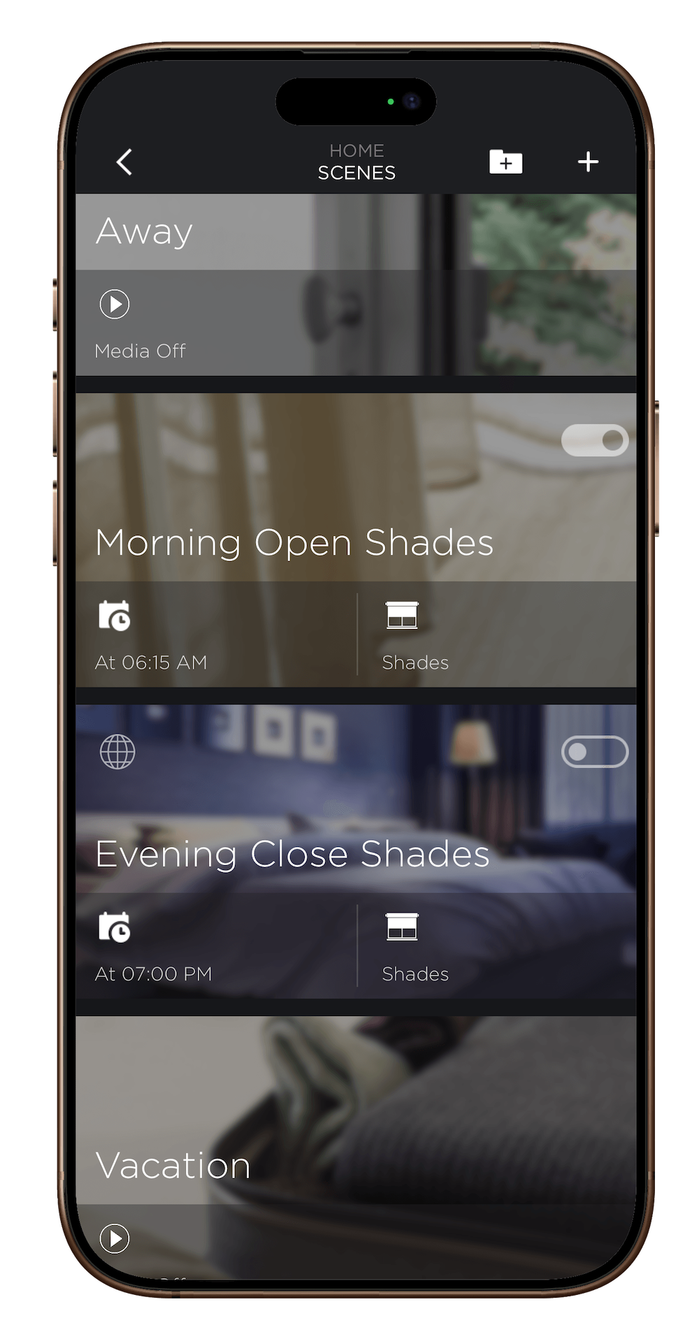 Smart home app controlling morning and evening window shades.