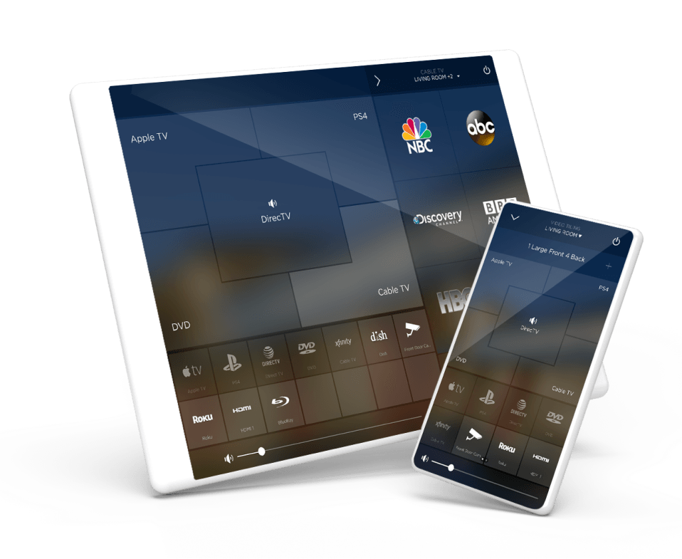 Tablet and smartphone displaying a smart home control app interface.